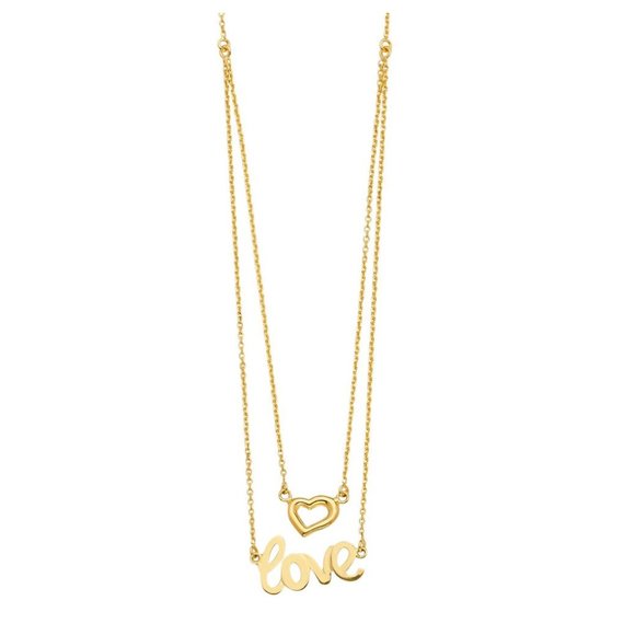 14KT GOLD DOUBLE CHAIN AND LOVE WITH HEART PENDANTS NECKLACE